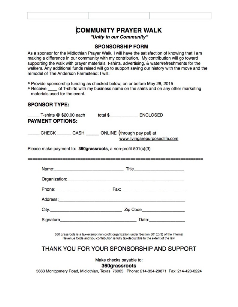 prayer walk sponsorsheet